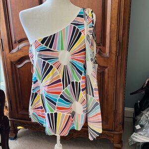 Trina Turk Ezmeralda 100% Silk One-Shoulder Top, Resortware, NWT, L